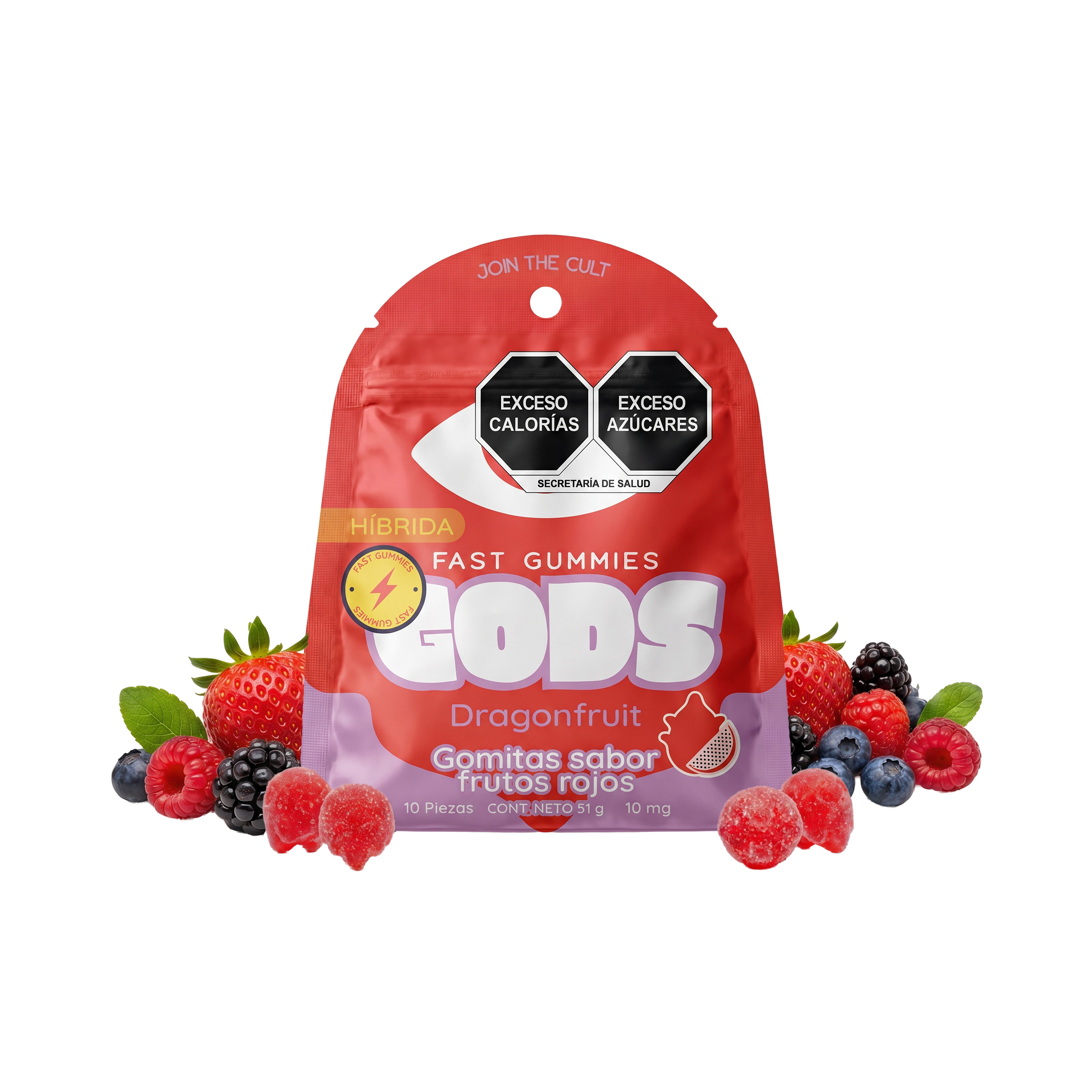 gomitas sabor frutos rojos de 10mg incluye 10 piezas GODS Fast Gummies