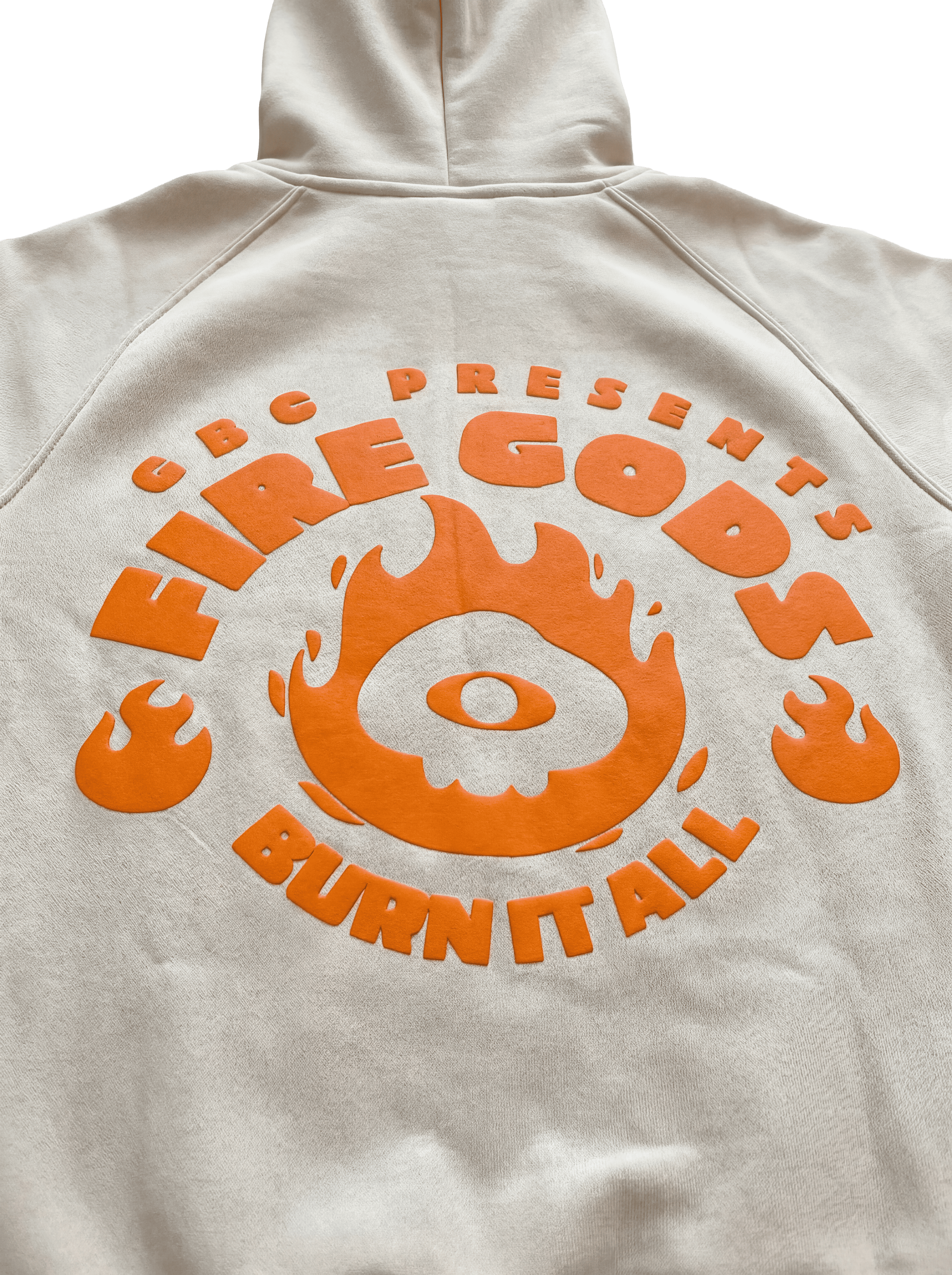 Detalle capucha y cordones sudadera Fire Gods Burn It All tono beige