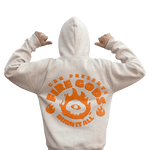 Detalle bordado y estampado Fire Gods Burn It All en sudadera beige Gods Beard Cult