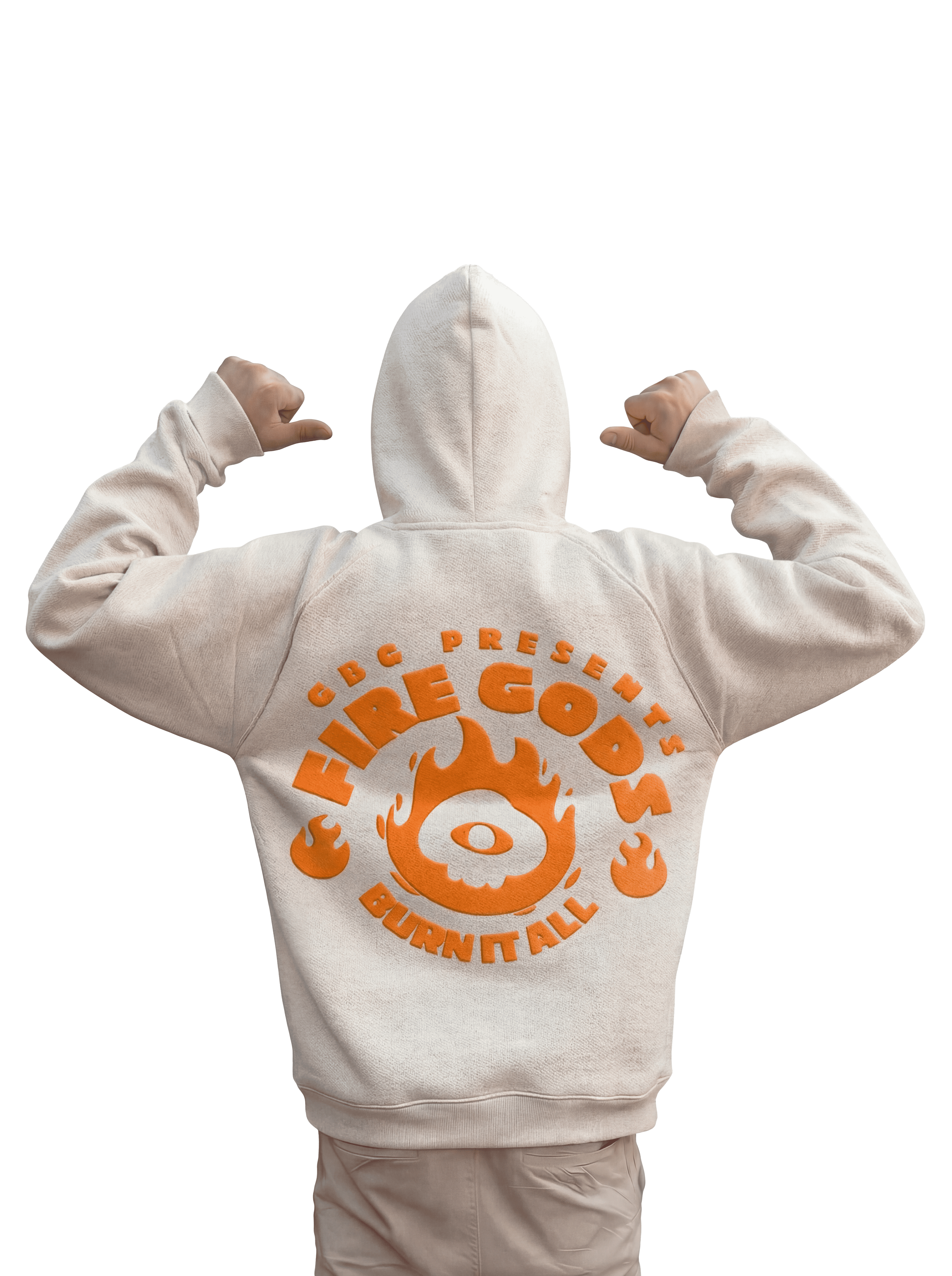 Detalle bordado y estampado Fire Gods Burn It All en sudadera beige Gods Beard Cult