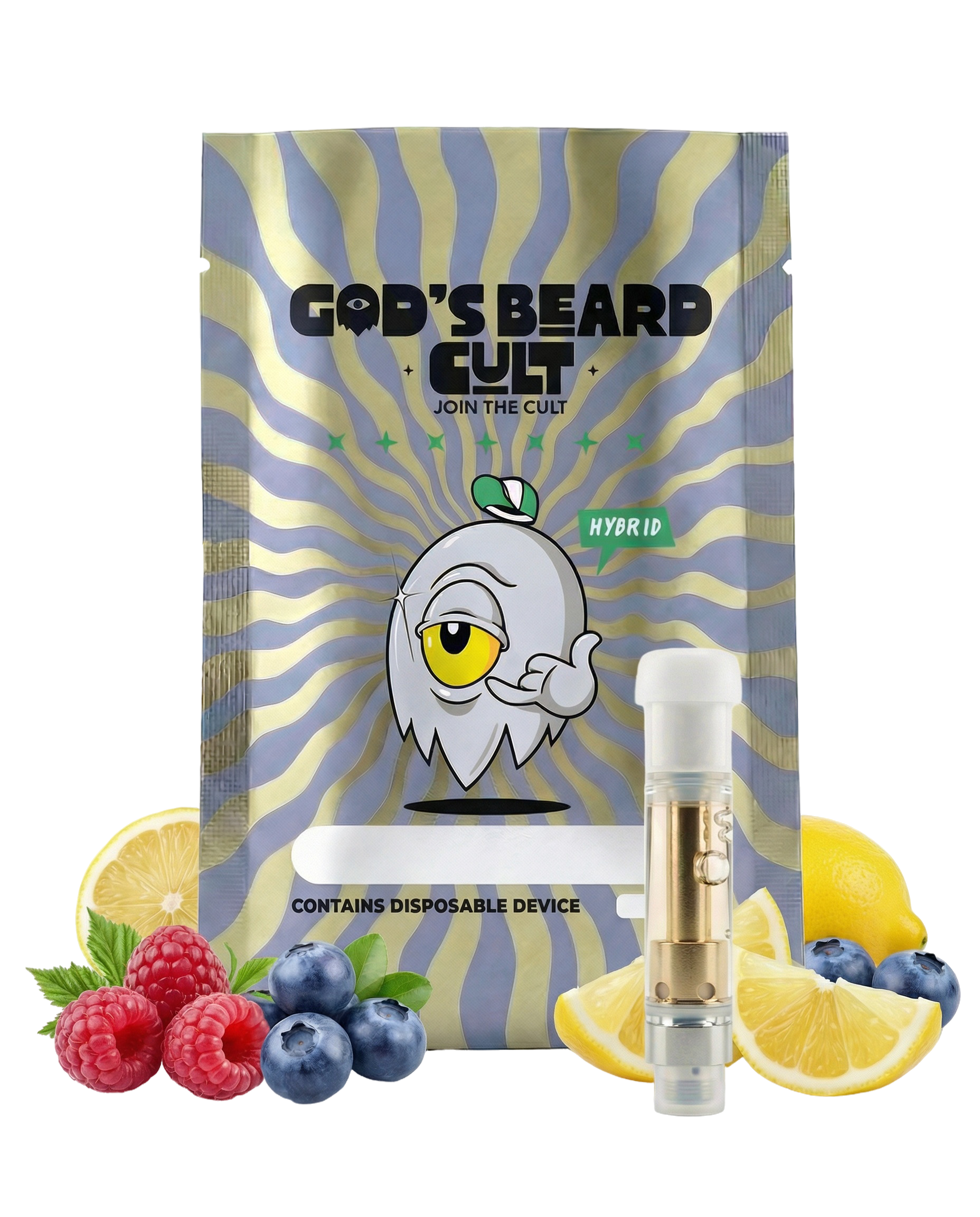 Detalle etiqueta cartucho cannabis 1 mL HHC + THCP Gods Beard Cult
