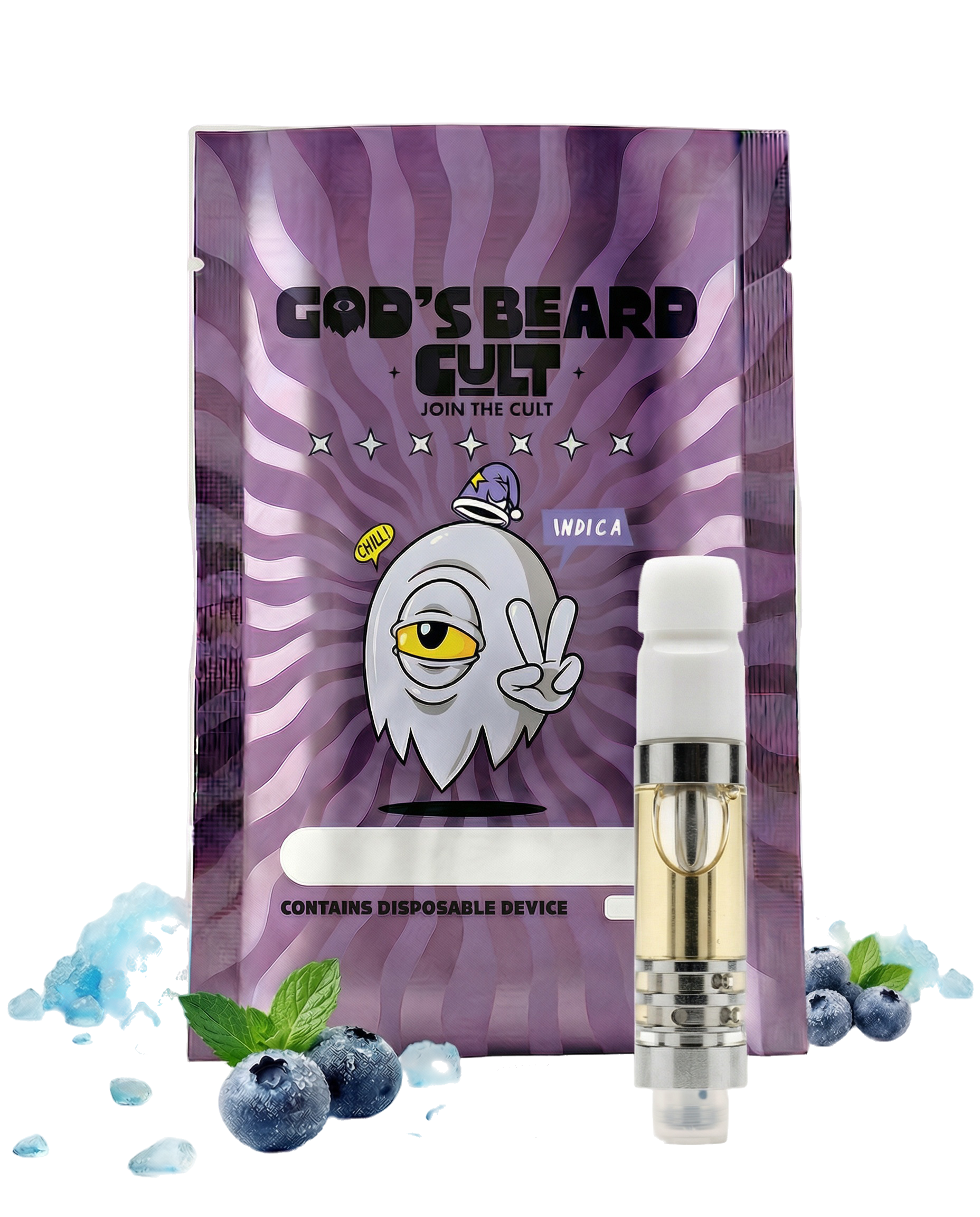 Cart 2 mL Blue Icee Indica vista frontal – HHC + THCP Gods Beard Cult